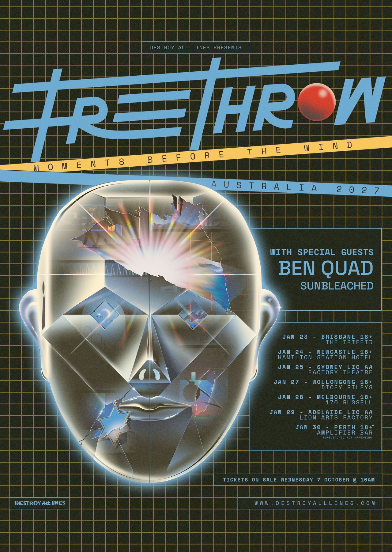 Tour poster for Free Throw's Australia 2027 tour, featuring special guests Ben Quad and Sunbleached above listed show dates.